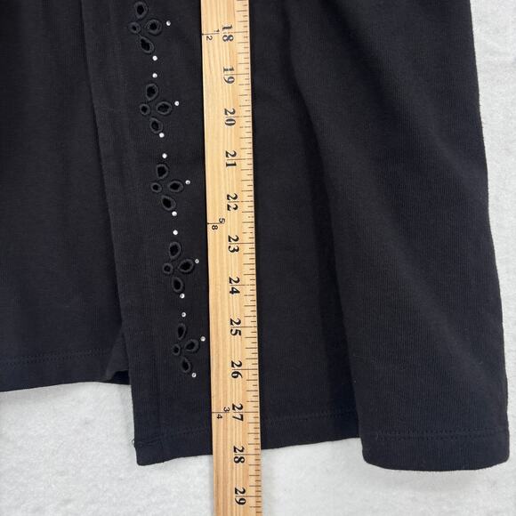 Quacker Factory Duet Knit Top Size L Black Eyelet Rhinestone 3/4 Sleeve Cotton - Picture 9 of 10